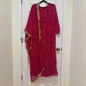 Womens Indian Pakistani Pink Bandhani Suit Kurta Fringe Dupatta Size 44